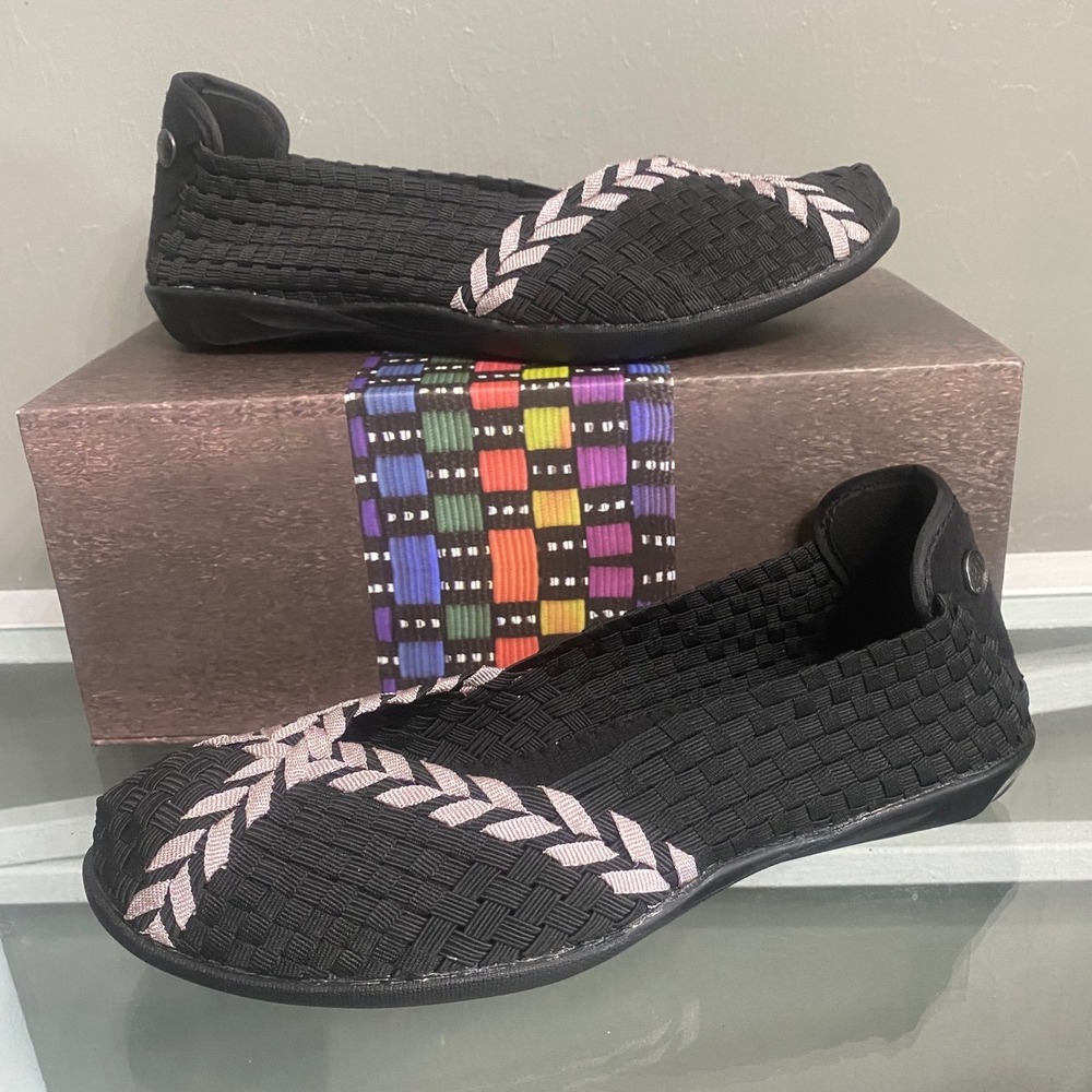 Bernie Mev Braided Catwalk Black Rose Gold Woven Elastic Flats Size 38 US 7